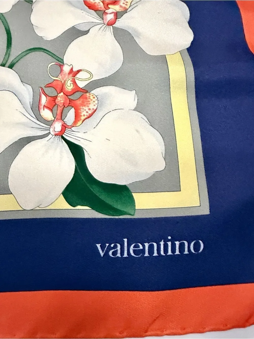 Valentino Twill Silk Scarf Gray with White Orchids